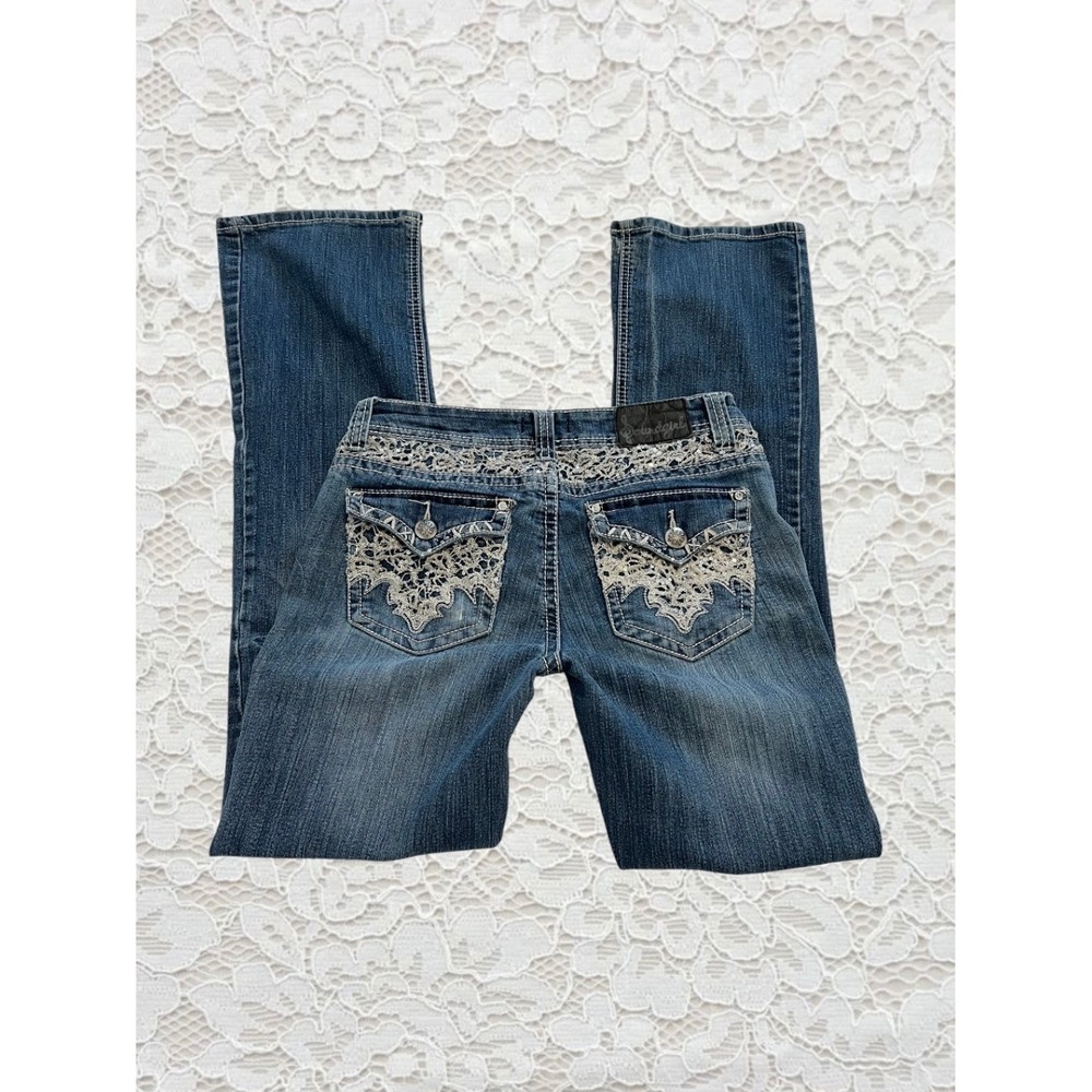 vintage cyber y2k embellished lace pocket contrast stitch low rise bootcut jeans